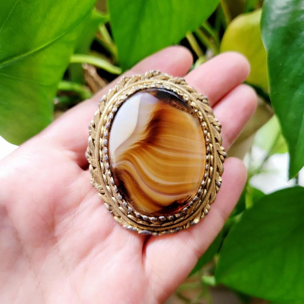 Vintage Agate Gemstone Lapel Brooch Pin - Picture 3 of 8